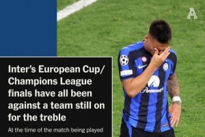 国米7次欧冠决赛对手均有三冠王机会,此前6次3次阻击